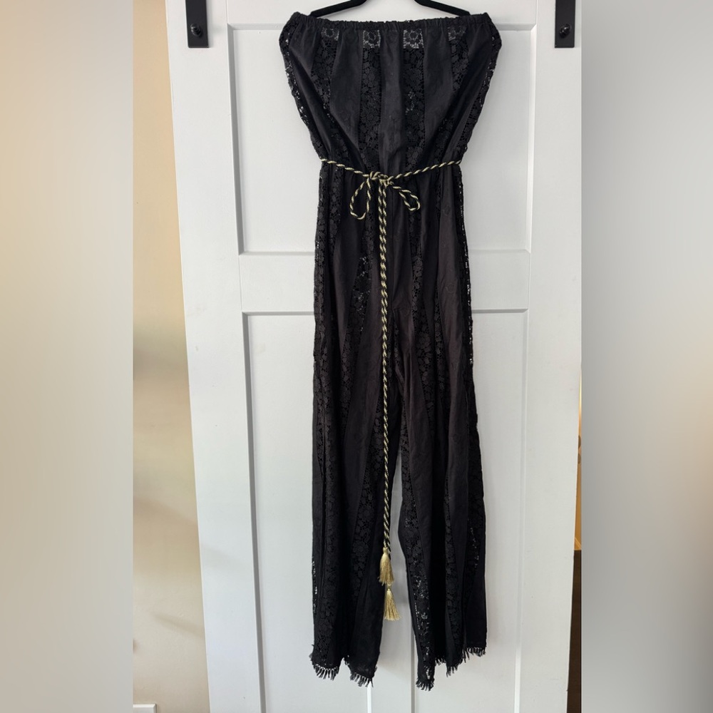 Miguelina Black Lace Jumpsuit with Gold Accents